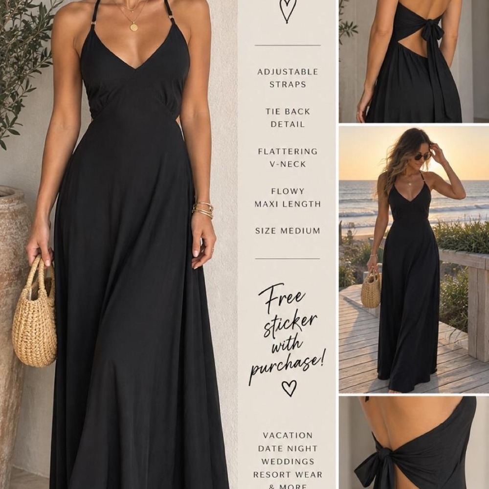 Witchy core Black Open Back Maxi Dress M Y2K Minimalist Vacation Resort wear